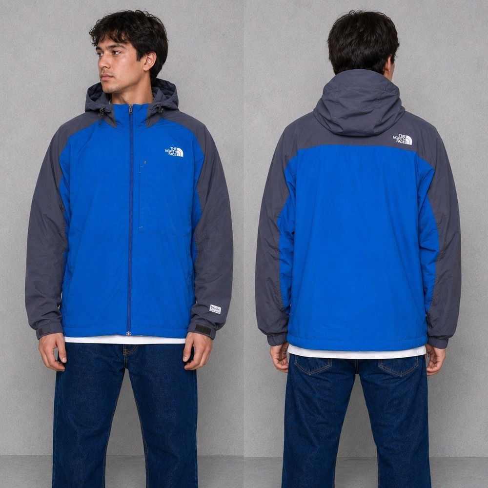 The North Face Hooded Windbreaker Jacket Men's XL Blue Gray Lightweight Full Zip